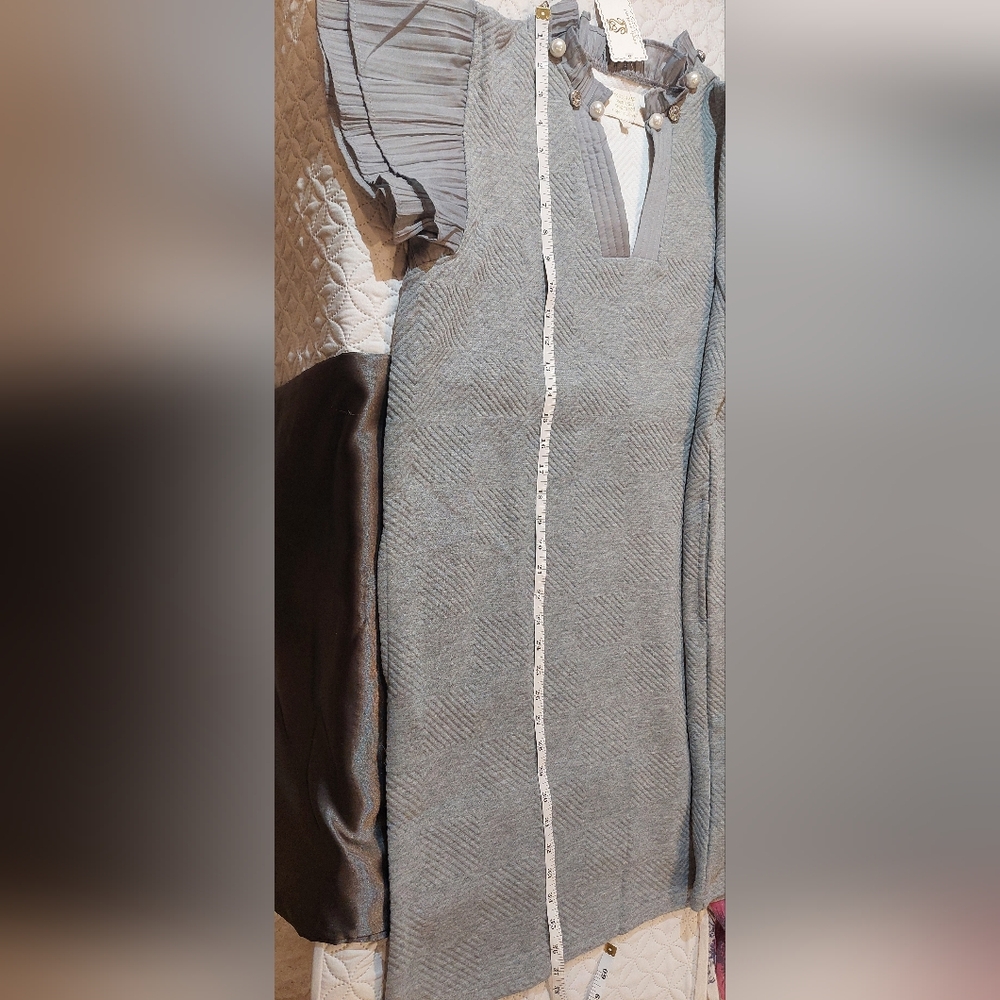 Elegant Textured Gray Shift Dress with Pleated Sleeve Detail - Picture 10 of 12